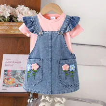 Adorable Summer Baby Girls' 2-Piece Set Solid Color Short-Sleeve Tee & Flutter Sleeve Suspender Dress