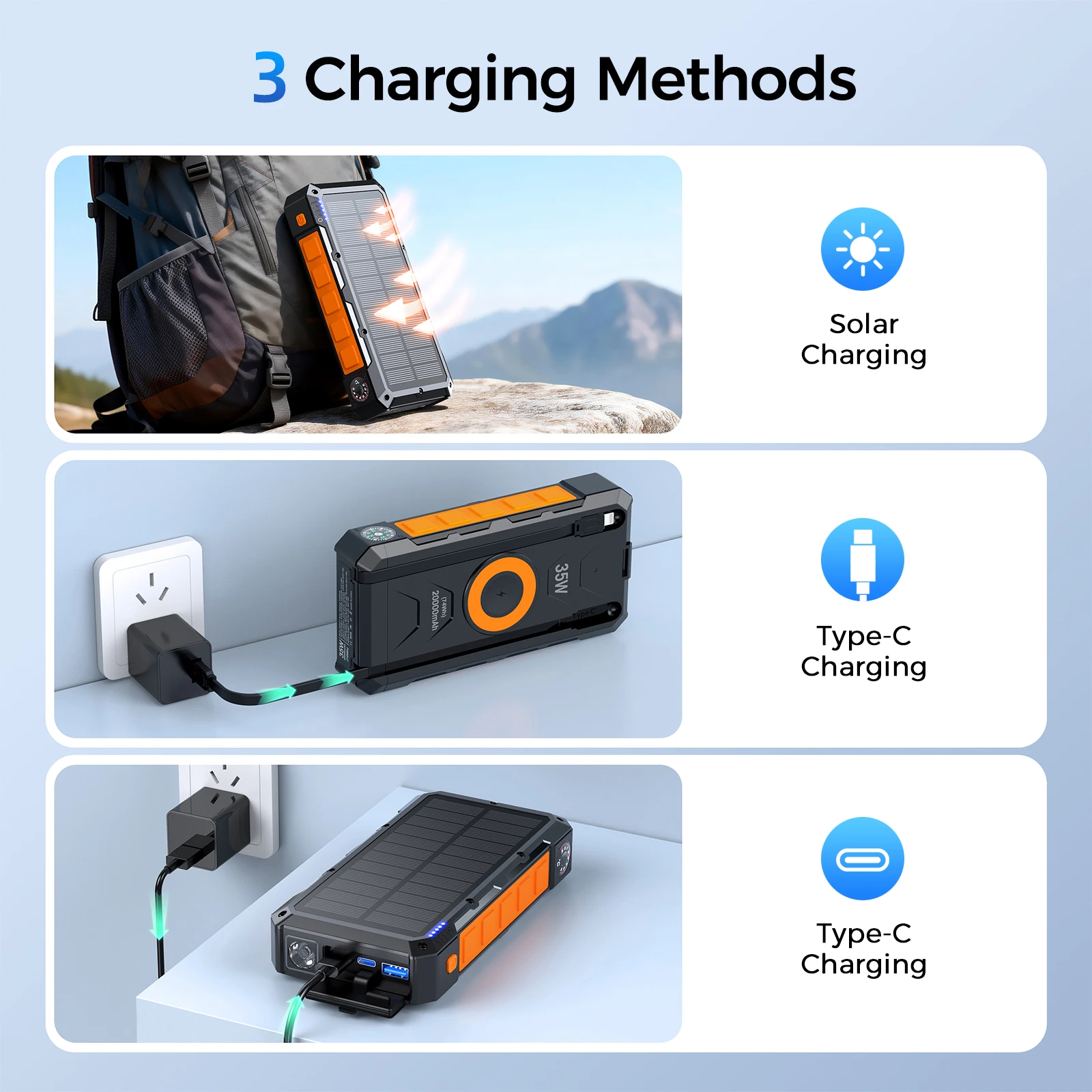 Portable Solar Charger 20000mAh Fast Charging 35W Power Bank with Wireless Charging and LED Flashlight