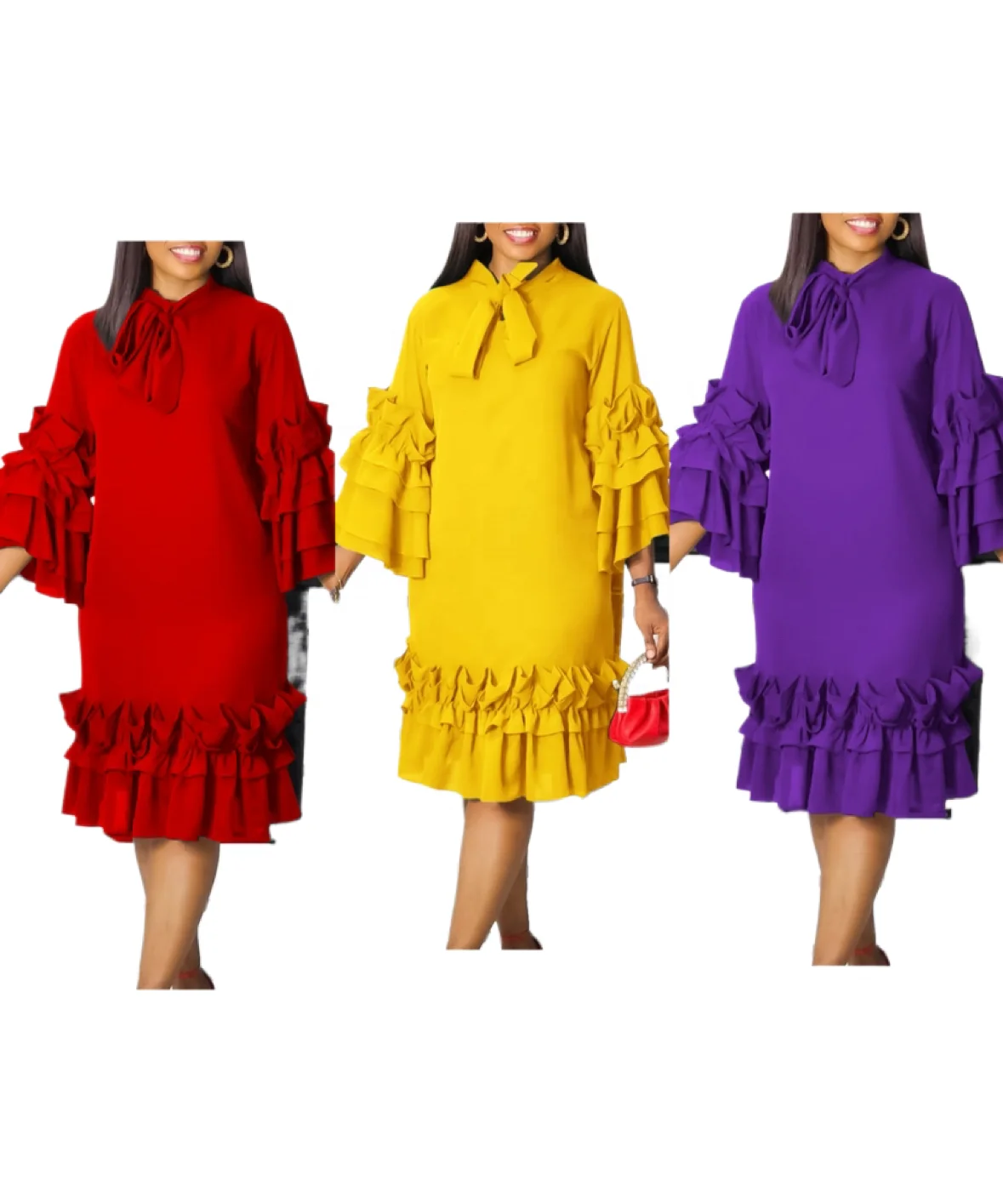 Latest Elegant Design Loose Dress Happy Color Ruffle Floral Sleeves a Line  Dresses for Women T027