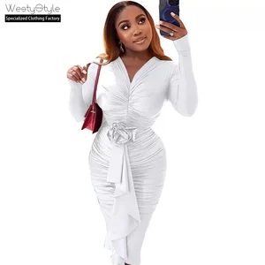 Women's Casual Breathable Natural Long Sleeve V-Neck A-line Dress European American Autumn Winter Sexy Modest XL Hip Design