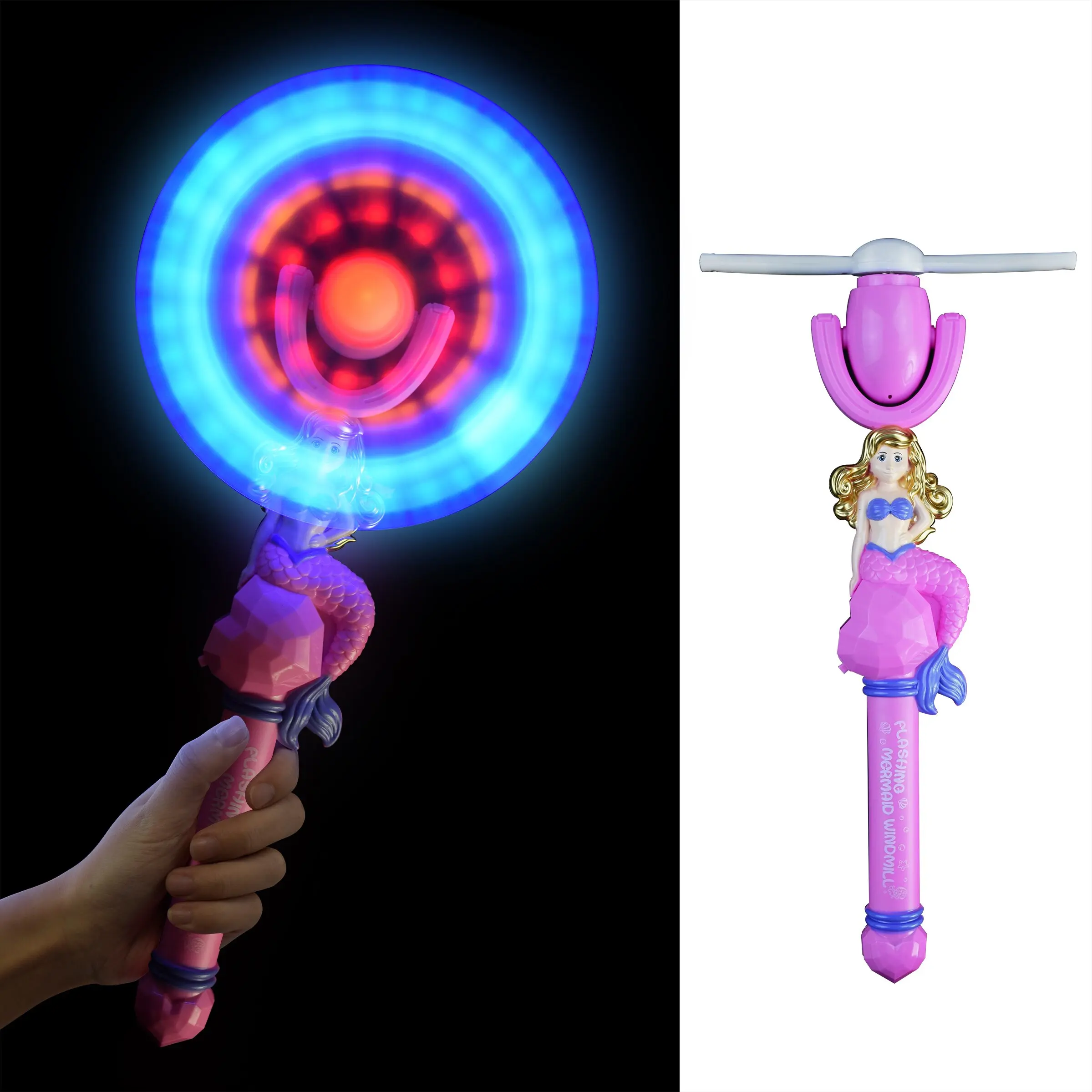 14''LED Light up Spinning Wand Swivel Fan New Party Supplies Light-up Windmill Toys Flashing Mermaid Windmill