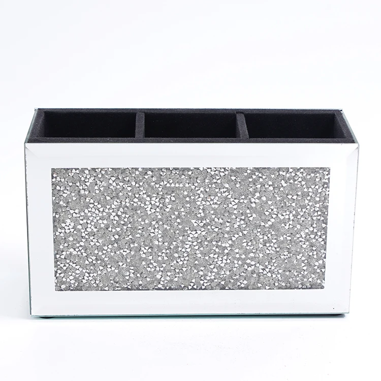 3 Slot Glass Cosmetics Brushes Storage Holders with Crystal Crushed Diamond Mirrored Makeup Brush Holder Organizer