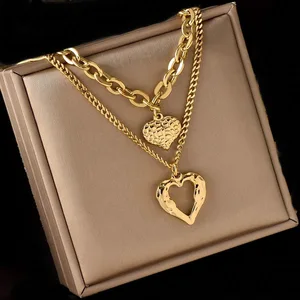 MW 18K Gold-Plated Stainless Steel Multi-Layered Chain Necklace for Women: Butterfly, Heart Lock, Pearl & Lettering Design