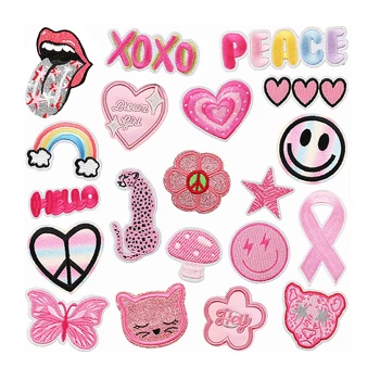 Iron-On Embroidery Pink Valentine's Day Red Love Heart Coffee Bear Wedding Patch for Girls PVC Fabric for Hat Decoration