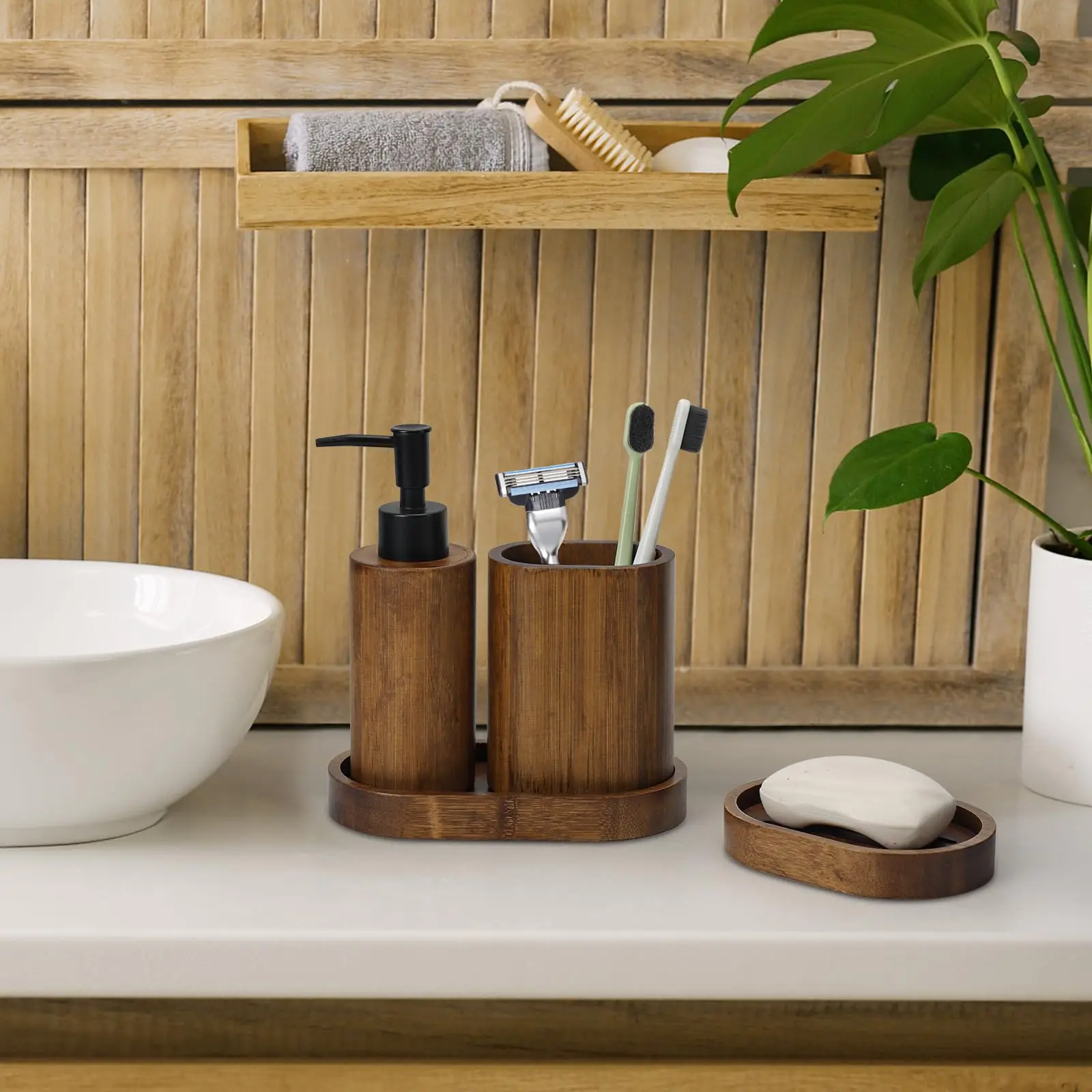 product zc custom village carbonized bamboo soap box soap dispenser holder tray mouthwash cup moisture proof bathroom accessories set-7