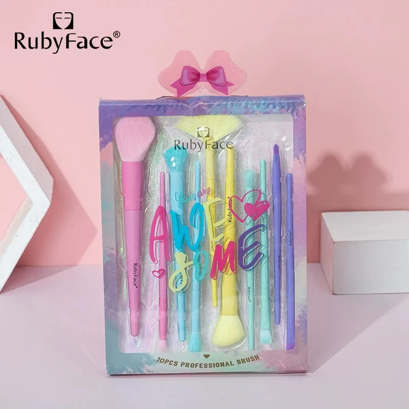 With Factory Price RubyFace Macaron Color Professional Private Label Cosmetic 10pcs Rainbow Makeup Brush Set