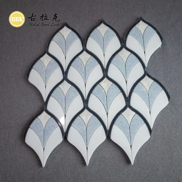 Fan Shape Marble Inlay Shell Pattern Waterjet Mosaic For Background Floor Tiles factory