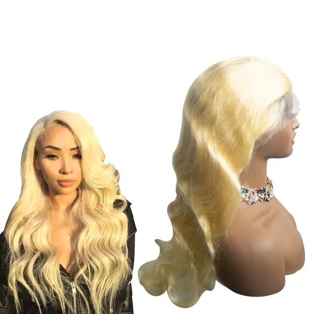 Wholesale 100% human hair lace frontal wig,Glueless virgin blonde color body wave HD human hair frontal lace wig