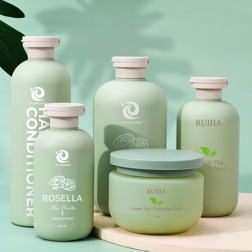 Eco-friendly Green HDPE 200ml 400ml 500ml Soft Touch Cosmetic Packaging Body Lotion Plastic Squeeze Shampoo Bottle with Pump