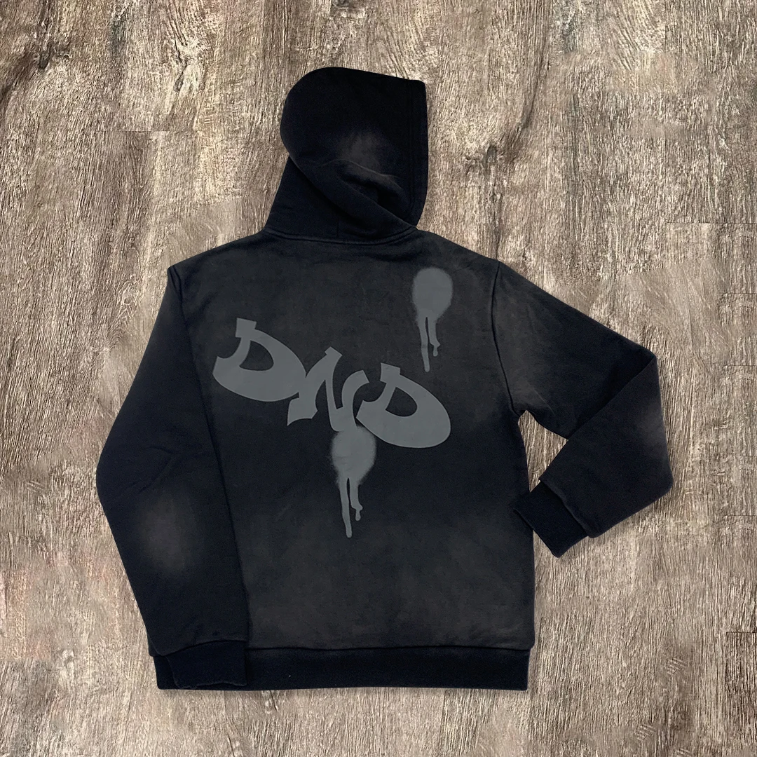 In Stock Black Hoodies Suppliers Cotton Hodiee Sun Faded Screen Printed Zip up Distressed Stone Acid Wash Jacket Hoodies for Men gallery 2