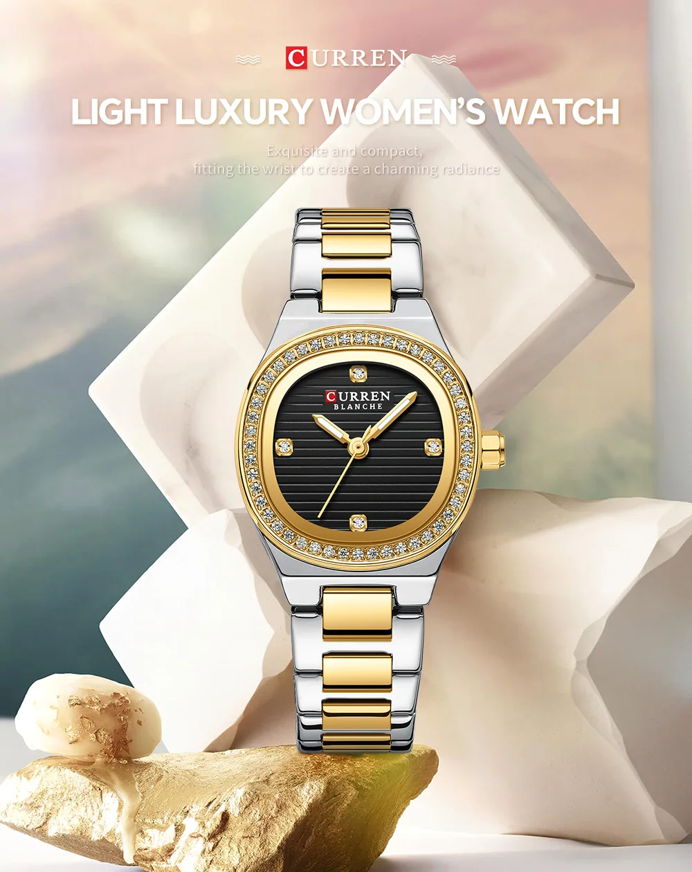 Curren 9101 Square Small Dial Luminous Hands Luxury Diamond Waterproof Stainless Steel Beauty Style Original Watch for Women