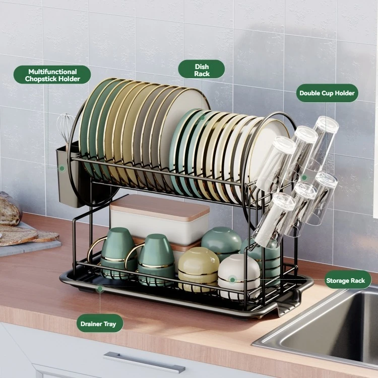 High Quality Double-Layer Stainless Steel Dish Plate Storage Holder Kitchen  Plate Organization and Drainage Bowl Rack