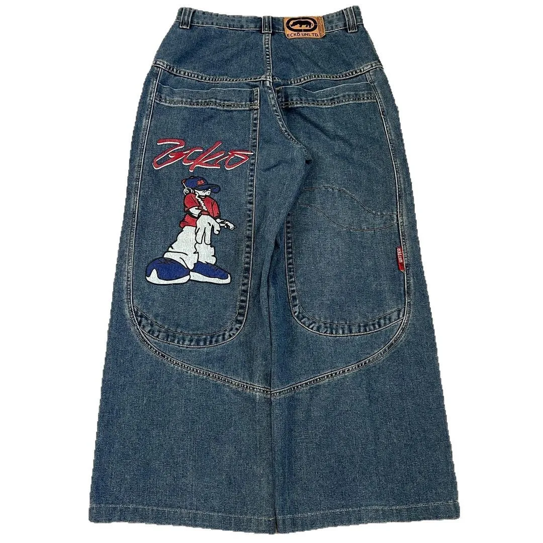 European American Retro Y2K Street Trend Large Pocket Bleach Wash Denim Loose Casual Wide-Leg Jeans