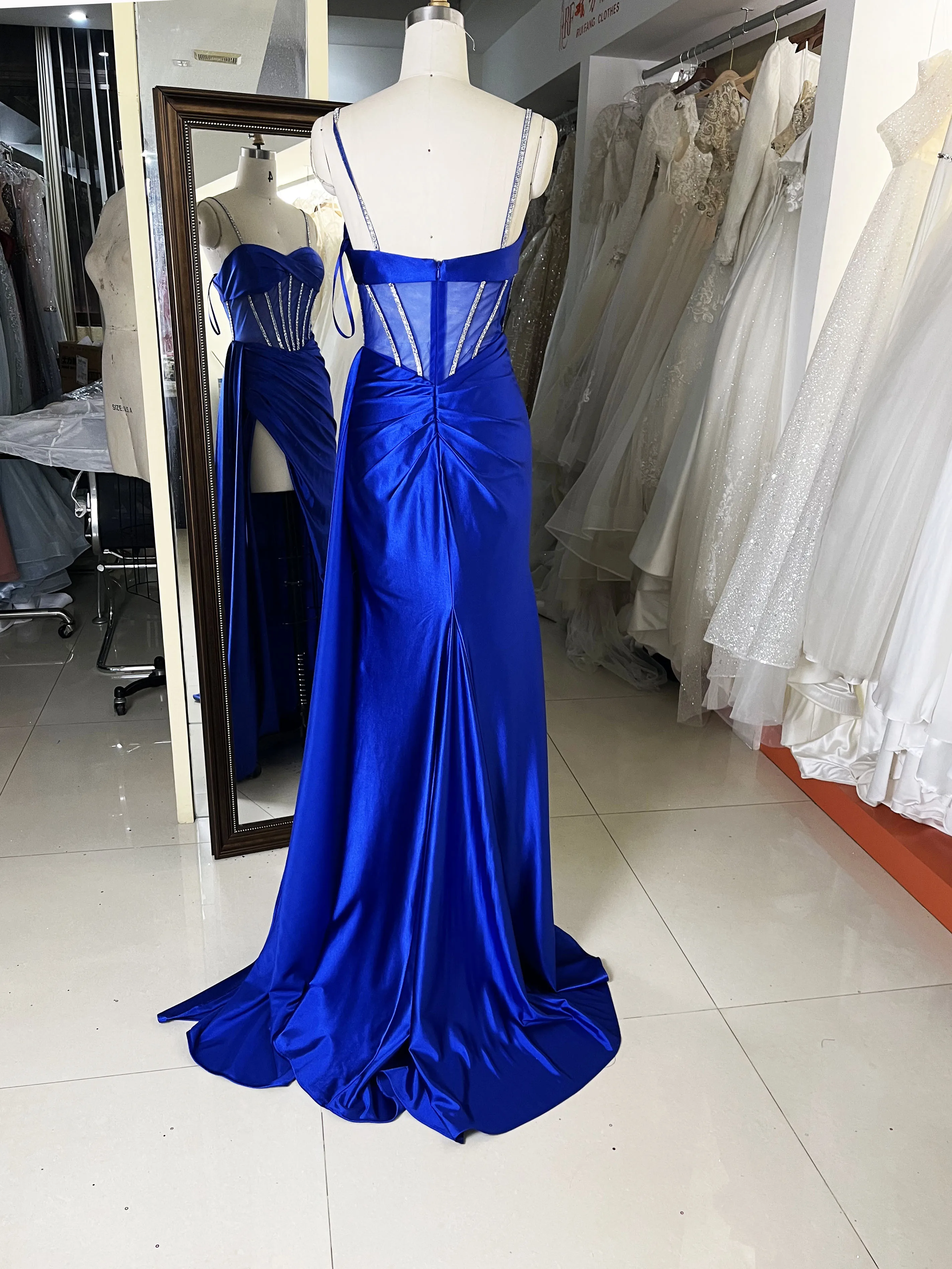 Royal Blue Red Fuchsia Hand Pleated Satin Mermaid Corset See Through Zipper  up Back Prom Evening Dresses With Overskirt