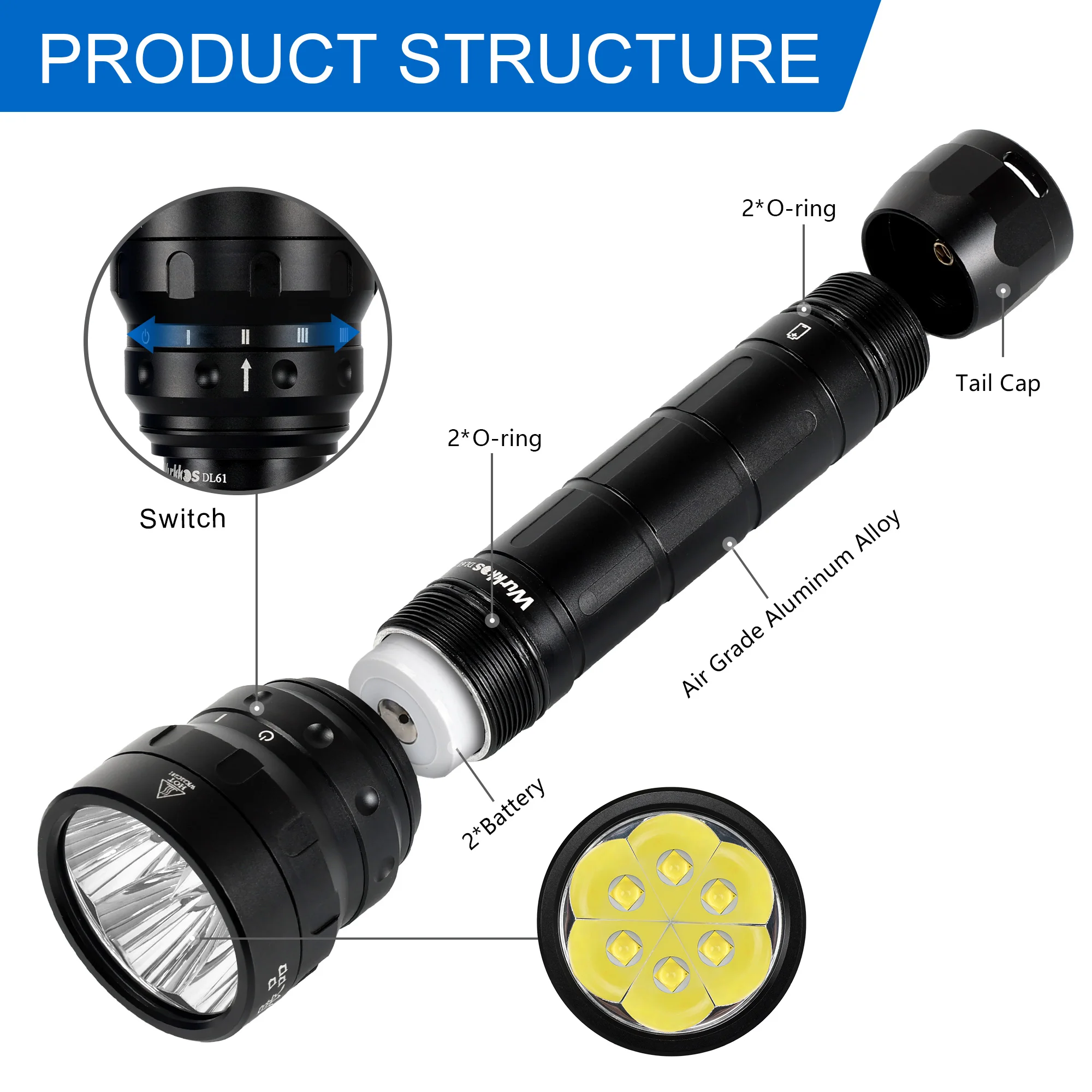 Torcia Subacquea LED Kuuleyn QX3 10800LM Impermeabile 80M - Luce Bianca, Rossa, Blu Per Immersioni E Foto