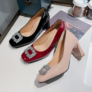 Wholesale Quality PU Women's Square Headed Lady High Heels Block Heel Sandals Women Slip on High Heels Heeled Office Shoes