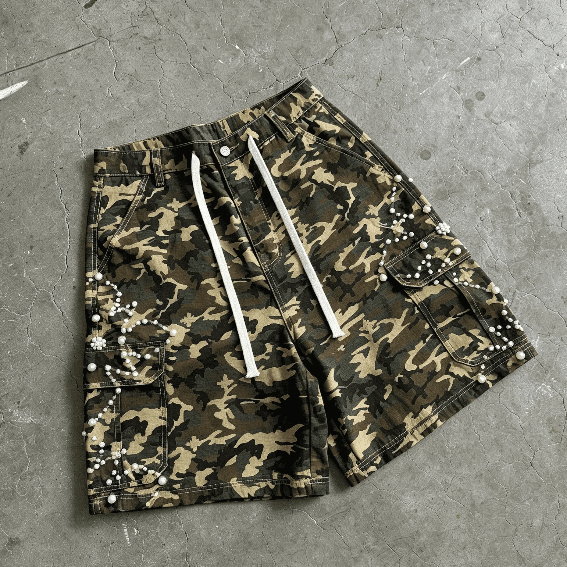 Custom Y2K Streetwear Pearl Embellished Dark Camouflage Drawstring Oversize Multi Pocket Loose Fit Summer Men Cargo Capri Shorts gallery 7