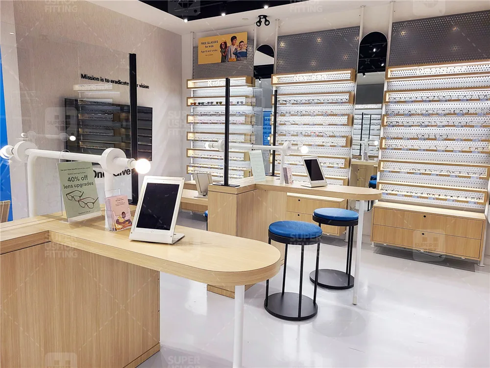Optometrist Sunglasses Shop Display Cabinet Custom Wooden Eyewear Store Interior Design Decoration Display Rack for Optical Shop