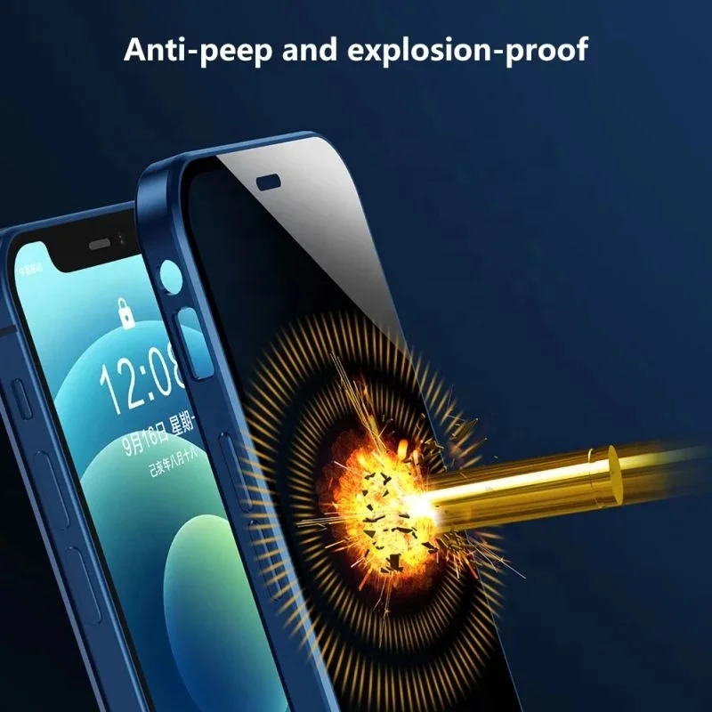 Anti Peep Metal Magnetic Privacy Double Sided Buckle Cases Tempered Glass  Phone Full Body Case for IPhone 11 12 Pro 13 Mini