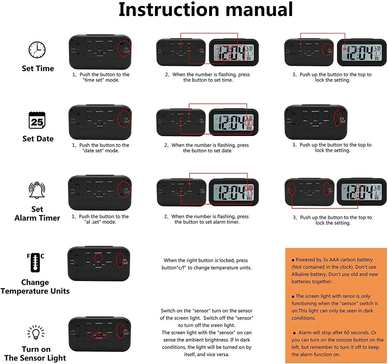Heavy Sleepers Digital Smart Backlight Battery Operated Alarm Table Clock with Automatic Sensor, Date & Temperature