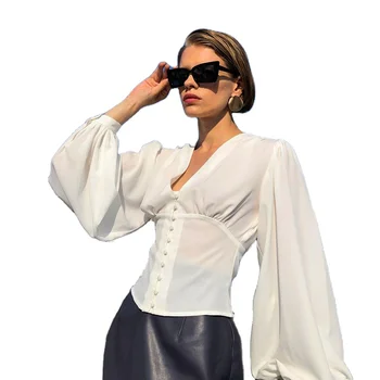 TP0131 2021 Spring Trendy Hot Sell Feminine Plain V-neck Long-sleeved Waist Blouse Women Crop Top