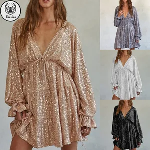 Hot Sell Custom Long Sleeve V-neck Women Casual Summer Clothes Sexy Sequin Dresses
