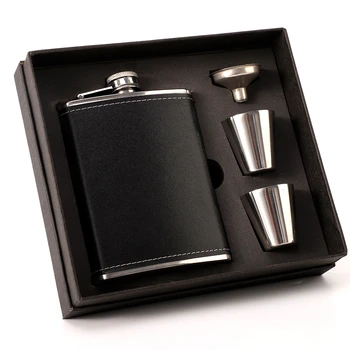 Holiday Gift Stainless Steel Black Leather Cover 8 OZ Hip Flask Set with Funnel for Liquor Whiskey Alcohol Wine