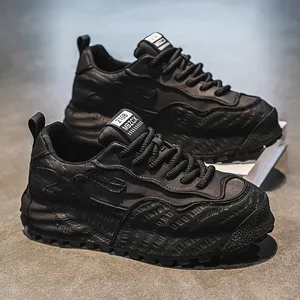 European Station Men's Lace-Up Durable Shoes 2026 Spring New Leather Surface Embossed Sole Clunky Sneakers Ultra-Soft Mesh