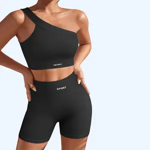 2 Pieces Sets: Sexy Seamless One Shoulder Slash Neck Sports Bra and High Waist Butt Lifting Shorts Women's Yoga Outfit Sets
