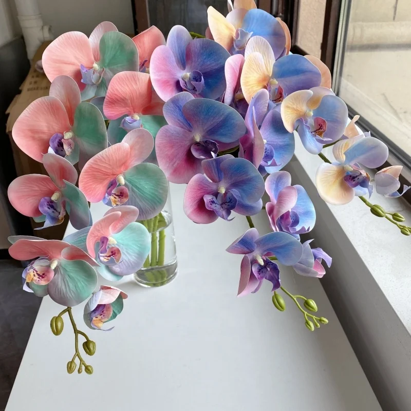 3d Printing Real Touch Orchids Gradient Rainbow Orchid Flowers 9 Heads Latex Butterfly Flower Artificial Orchids