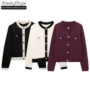 Autumn Women's Vintage Printed Knitted Crew Neck Cardigan Sweater 100% Polyester Breathable Full Sleeve Button-Down Design