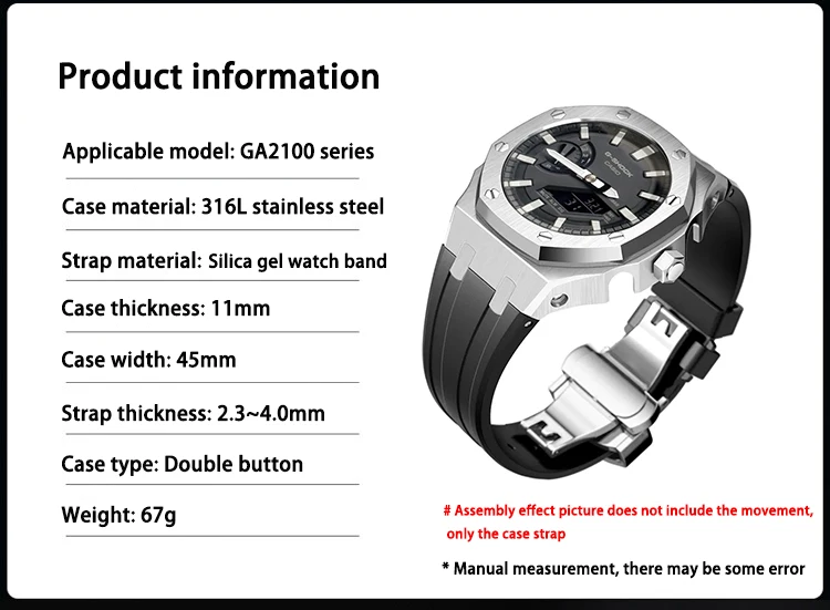 Custom 316l Stainless Steel Watch Case With Silicon Band Strap Ga 2100