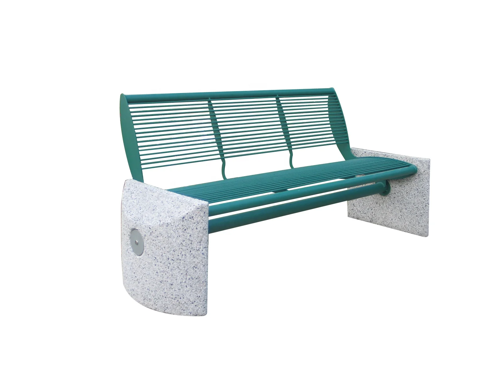 頑丈な金属製の公園のベンチ、石付きの鉄製のストリートベンチは屋外の