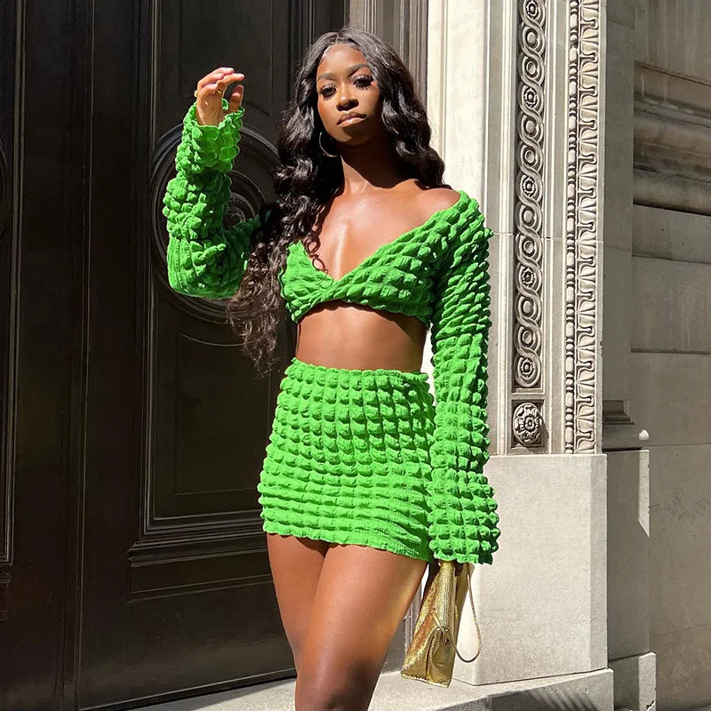 Green Elegant Outfit Women's Top Hip Skirt