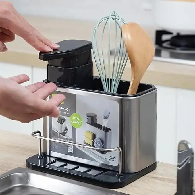 3 in 1 Multifunctional Kitchen Sink Organizer Stainless Steel Soap Dispensing Sponge Holder for Dish Detergent Brush
