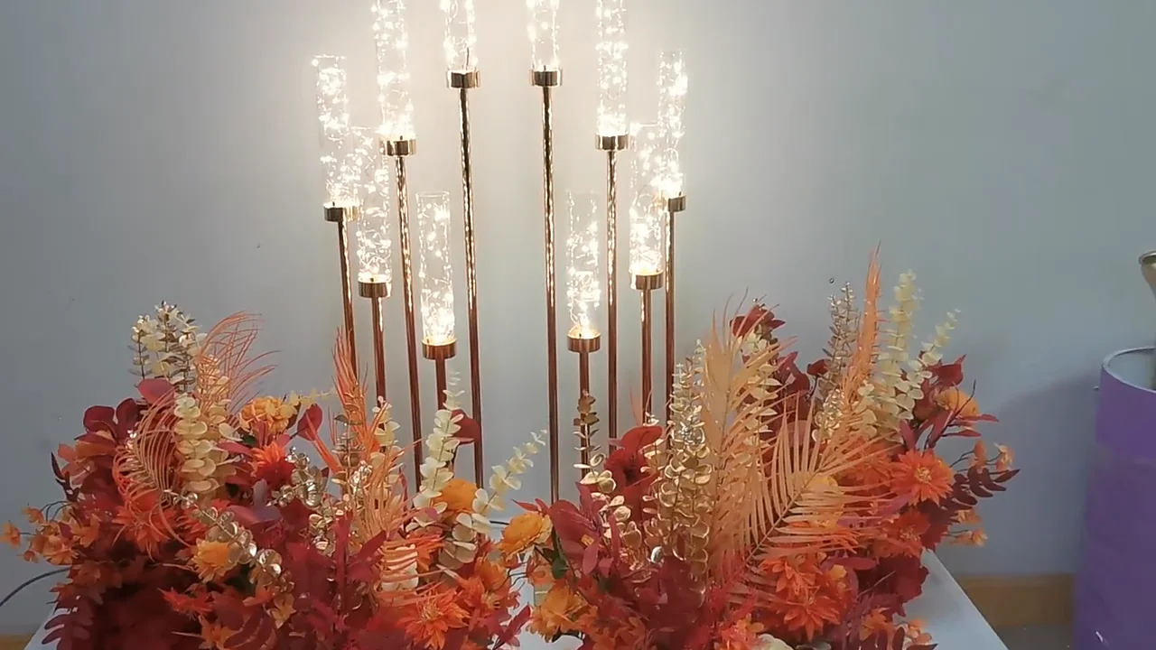 5 Heads Metal Candelabra Gold Candle Holder Acrylic Wedding Table