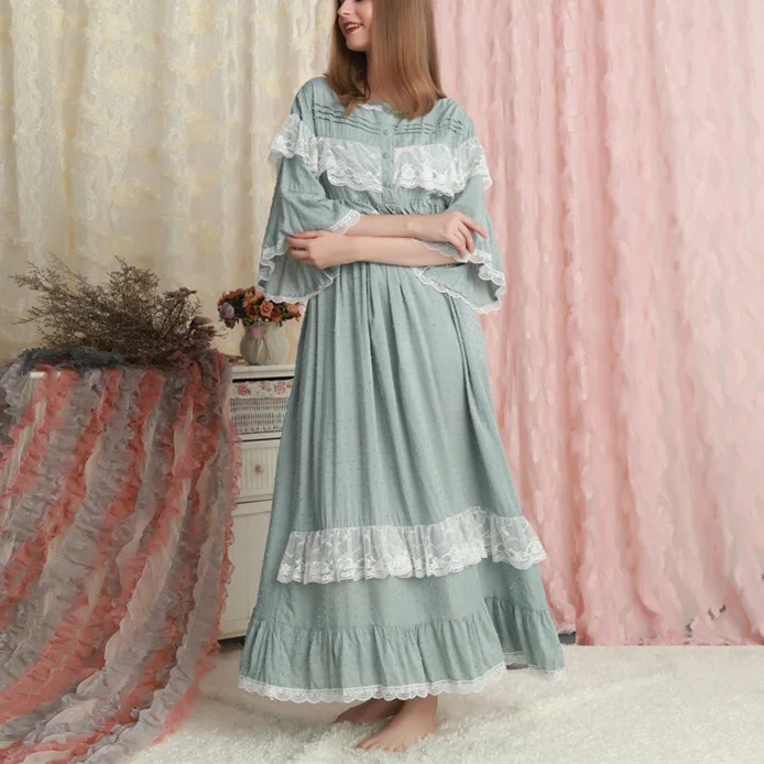 Cute Retro Green Cotton Pajama Dress Beautiful Ladies Nursing Nightie Long  Sleeved Sleepwear for Summer Girls' Nightgowns