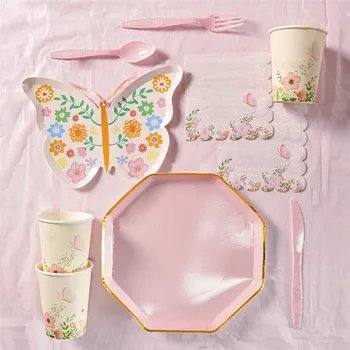 New Design Custom Butterfly Paper Plate Tableware Kit Pink Disposable Plate For Girl Birthday Party Decoration birthday dishes