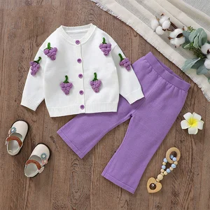 Customized Soft Knitted Lovely Baby Girls Solid Sweaters Coats Pants Clothing 2pcs Casual Girls' Sets Polyester/Cotton