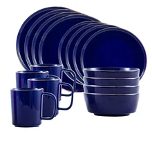 Foreign Trade Export Blue Gold Rim 16-Head Ceramic Tableware Household Western Cuisine Steak Plate Salad Bowl Mug