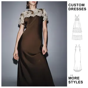 Custom Women's  Formal Anti-Static Lace Embroidery Satin Elegant Dress Maxi Bodycon Party Dresses for Ladies Clothing