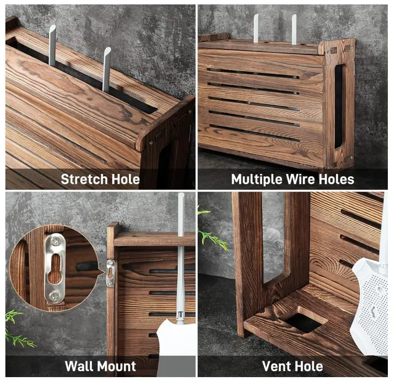 Wooden Router Shelf Wall Mount WiFi Router Storage Box Modem Cable Cover Organized Power Strip Cable Management Hider Rack