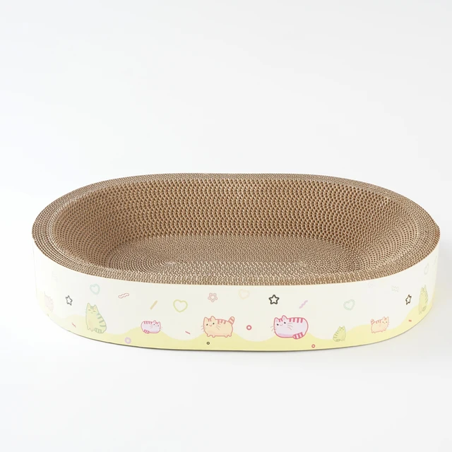 Factory Direct Sustainable Cat Scratcher Board Oval Corrugated Paper and Wood for Cat Playing Comes in Carton Packaging