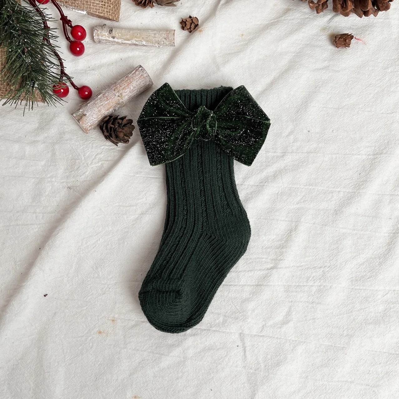 Kids Spanish Style Shiny Glitter Bow Socks Children Ribbed Baby Girls