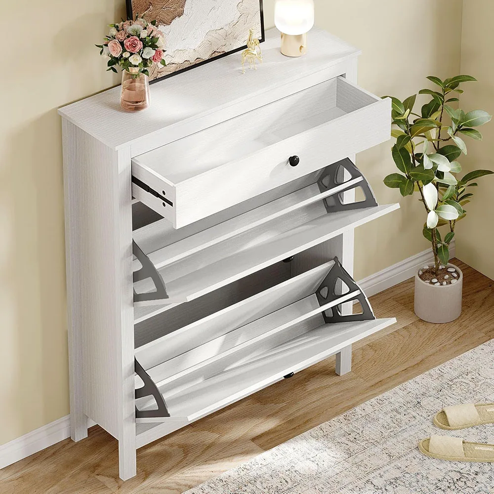 White Shoe Cabinet with 2 Flip Drawer,slim Shoe Storage Cabinet With Metal Flip Frame - Adjustable or Removable Hidden Shoe Rack details