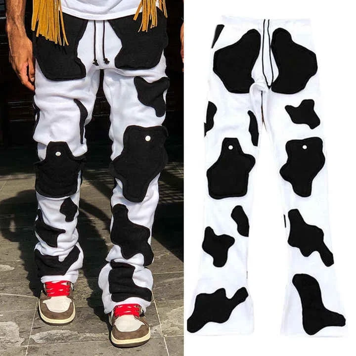 Custom Stacked Sweatpants Cow Print Patchwork Cotton French Terry Embroidery Winter Jogger Stacked Sweat Pants Men