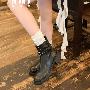 Women's Brown Retro Ankle Boots, Anti slip Leather Design, Autumn and Winter Solid Color Thick Heel Women's Shoes