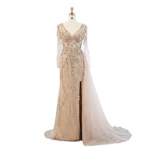 Turquoise Green Mermaid Long Sleeves Evening Dress With Overskirt High Slit Luxury Women Wedding Party Women's Dresses