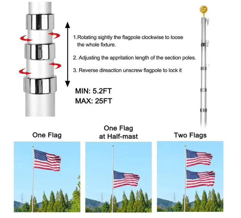 25 Ft Flag Pole Kit,Extra Heavy Duty Aluminum Ground Flag Poles,Outdoor