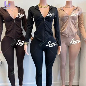 Huili Manufacturer High Quality Zip up Hooded Ctop Top & Leggings Slim Fit Sports Custom logo Two Piece Women Loungewear Sets